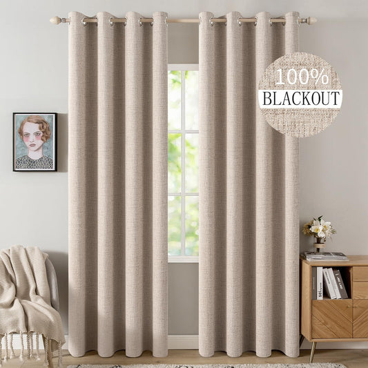 100% Blackout Linen Textured Curtains Natural Beige 52 X 84 Inch (2 Panels)