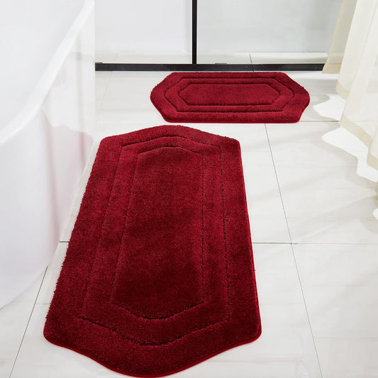 Extra Thick Bath Rugs Sets for Bathroom - Anti-Slip Bath Linen Sets Mats Soft Plush Shaggy (Red,20X32+24X48 -Inches)