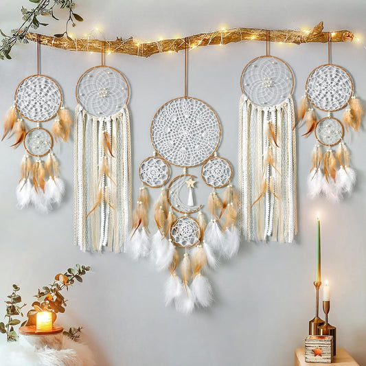 5 Pack Dream Catcher Moon and Sun Design Boho Wall Hanging Decor (Brown)