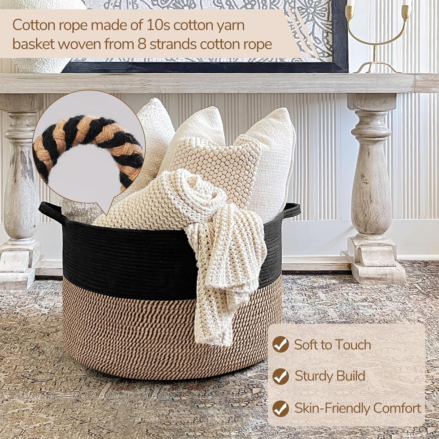 Woven Rope Blanket Basket Living Room Mix Black, Xxx large 90L