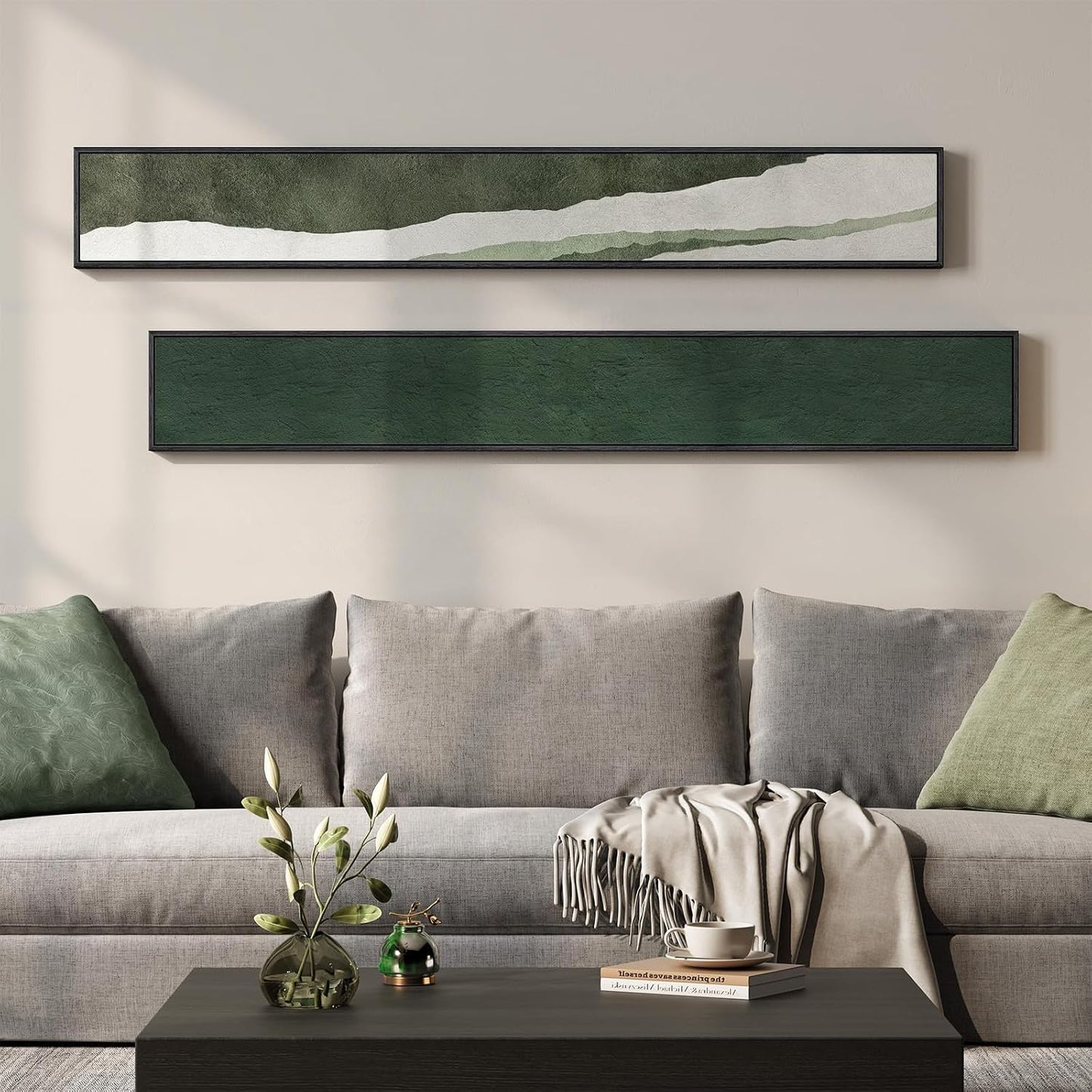 Framed Green White Vertical Abstract Wall Art Decor for Hallway, 2 Piece Long Narrow