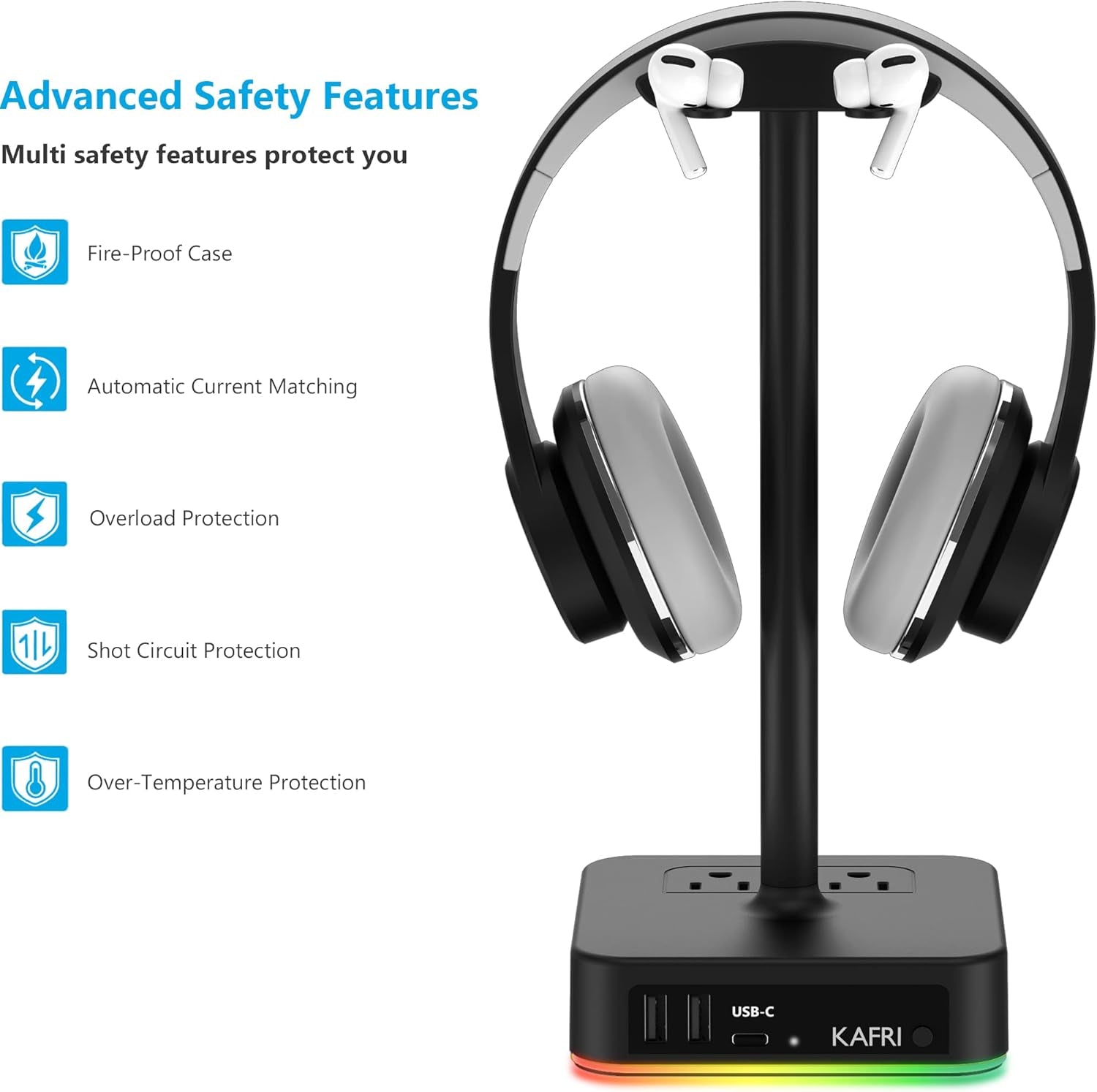 RGB Headphone Stand with USB A&C Charger Desk Gaming Headset Holder Hanger Rack with 3 USB Charging Port and 2 Outlet 