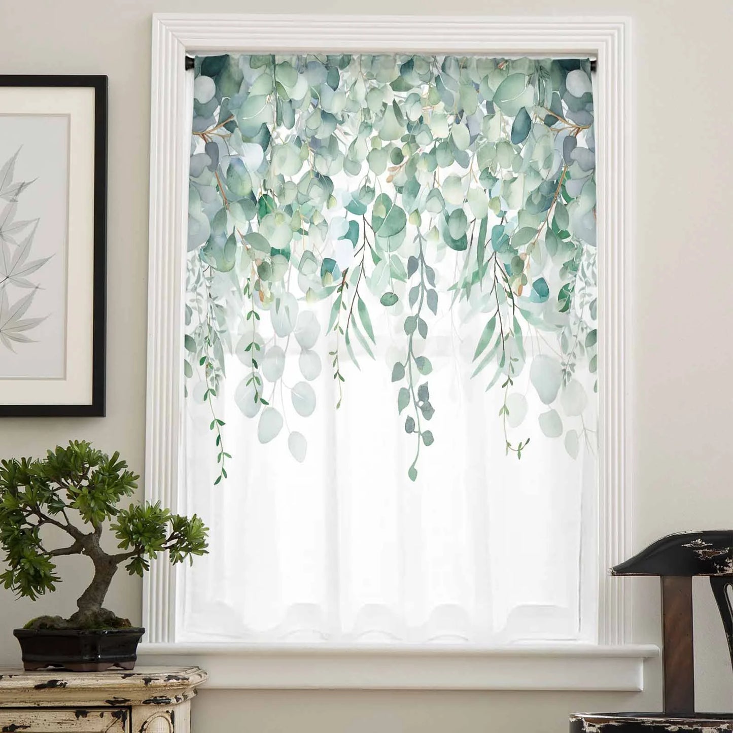 Teal Eucalyptus Leaves Semi Sheer Curtains Drapes, French Doors Window 54 Inches Long, Spring Floral Summer Botanical Rod Pocket Chiffon Curtain Drapery Voile Drape Panel