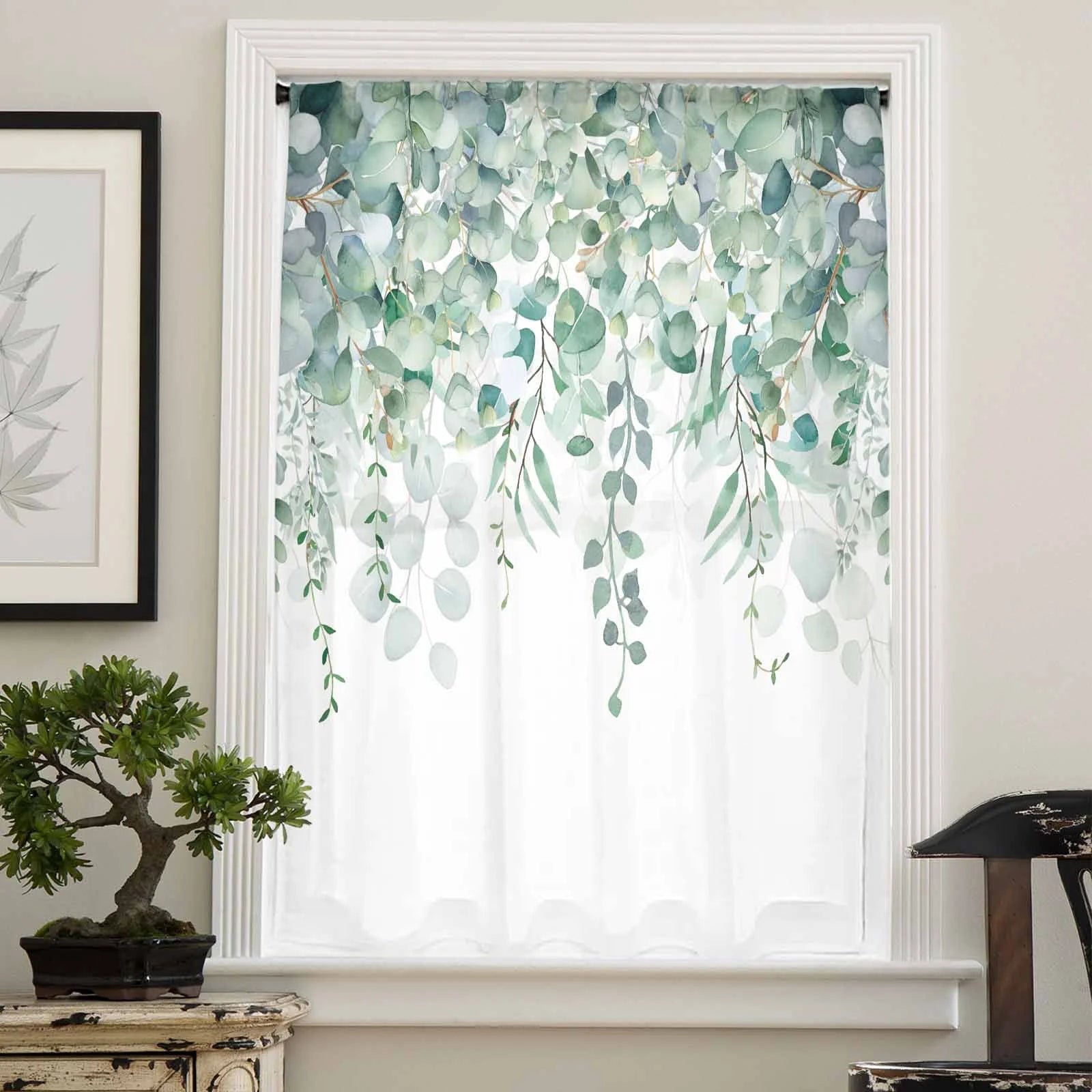 Teal Eucalyptus Leaves Semi Sheer Curtains Drapes, French Doors Window 54 Inches Long, Spring Floral Summer Botanical Rod Pocket Chiffon Curtain Drapery Voile Drape Panel