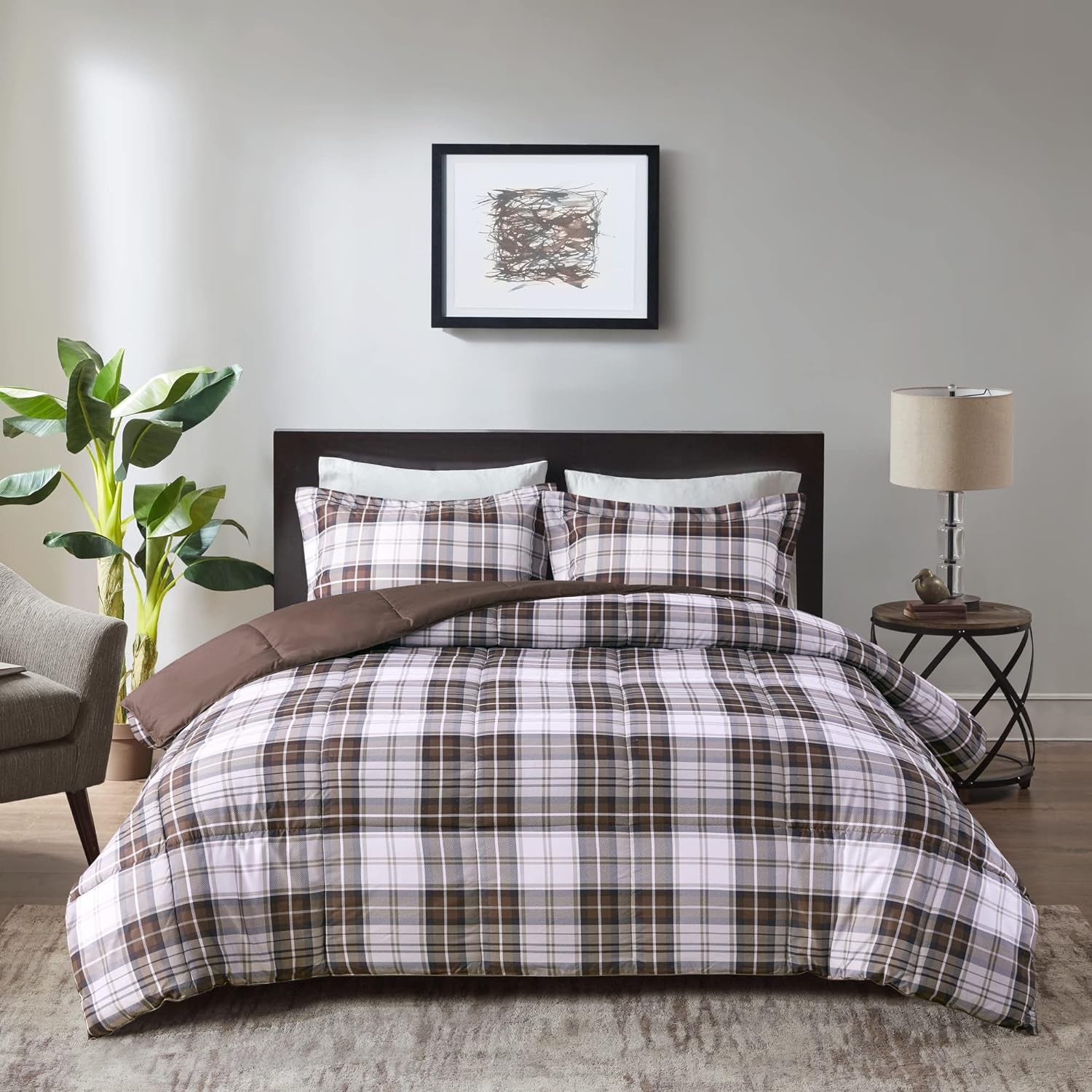 Essentials Parkston Plaid Comforter Set, Full/Queen, Brown, 3 Piece