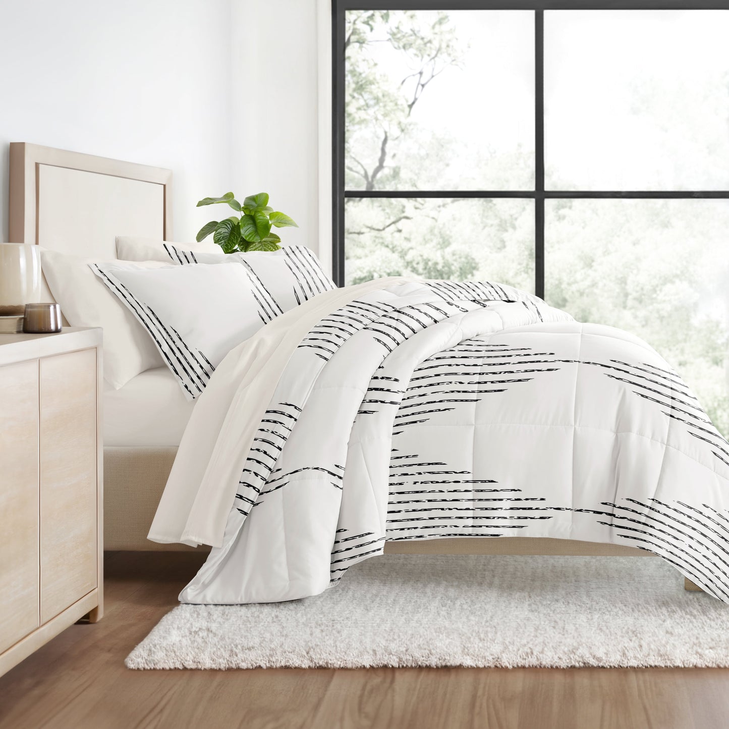 Full Bedding Bundle, Patterned Microfiber Comforter and Solid Sheet Set in Diamond Stripe Gray