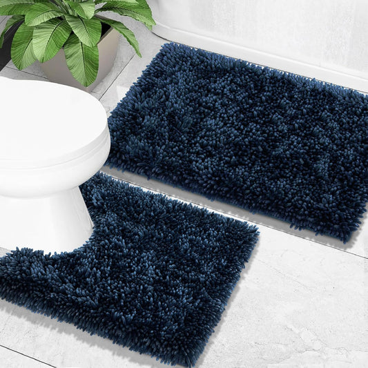 Bathroom Rugs Sets 2 Piece, Soft Absorbent Bathmat Non-Slip Backing, 31.5"X20"+24"X20", Blue