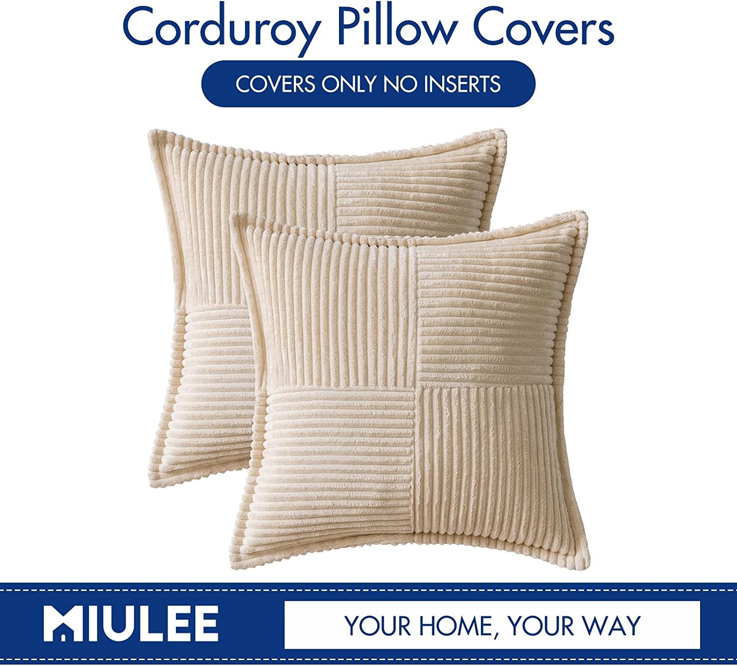 Corduroy Pillow Covers with Splicing Set of 2,18X18 Inch, Beige