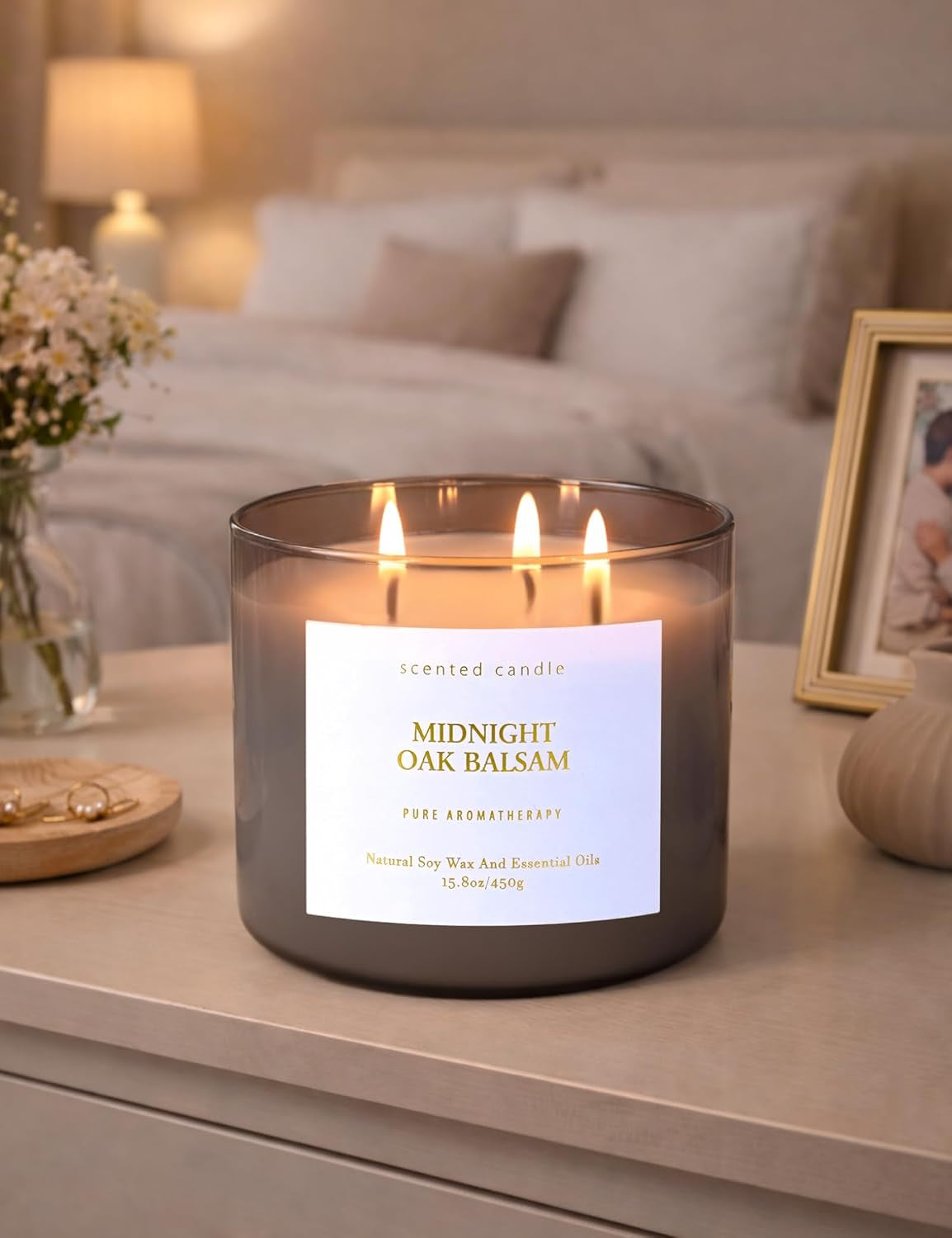 Midnight Oak Balsam 3-Wick Scented Candle, Large Woodsy Soy Candle 15.8 Oz