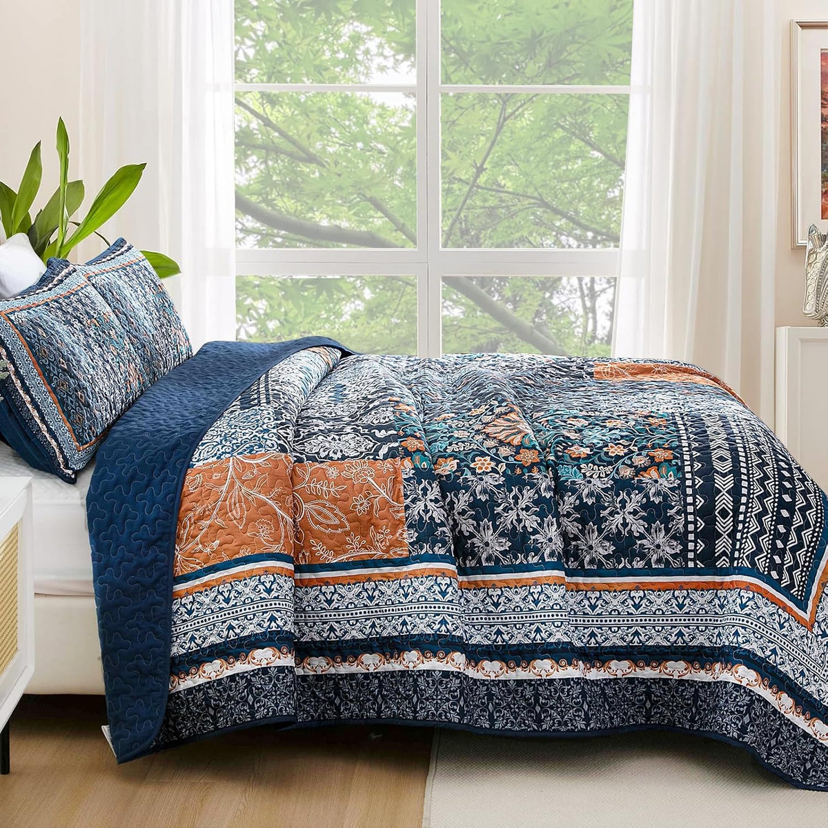 Boho Quilt Set Twin, 3 Pcs Navy Blue Patchwork Bedspread Set