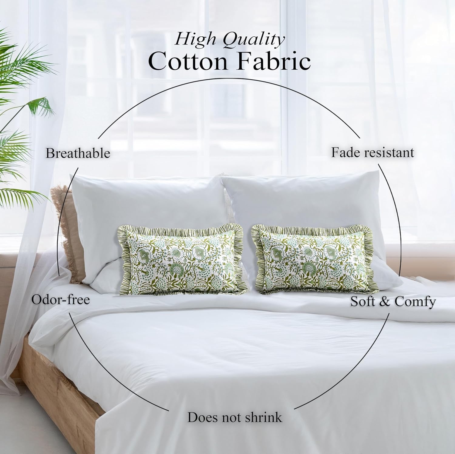 CPC Agate Green 100% Cotton Block Print Ruffle Sham Cover 12X20 Inch