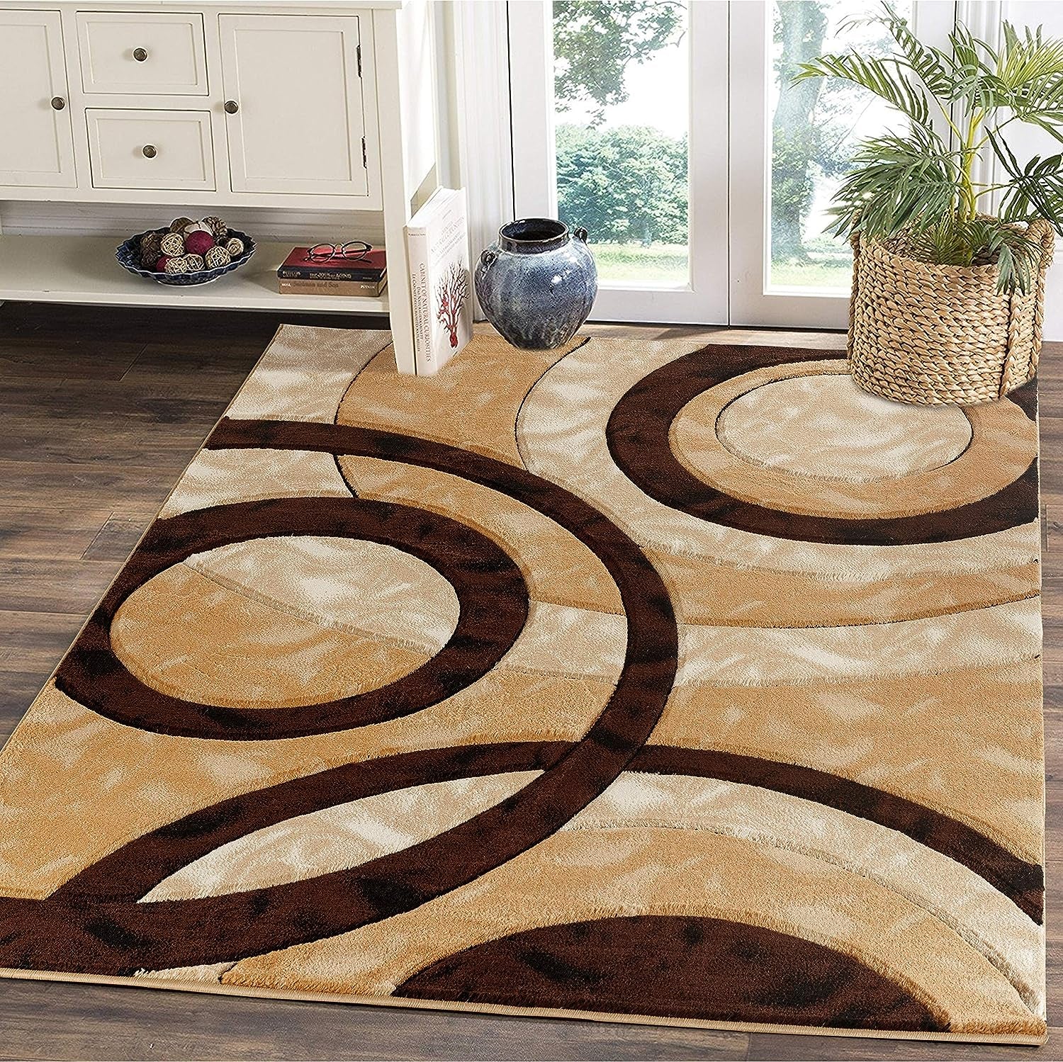 Area Rug Modern 4X6 Brown Circles Geometry Soft Hand Carved Contemporary Floor Carpet