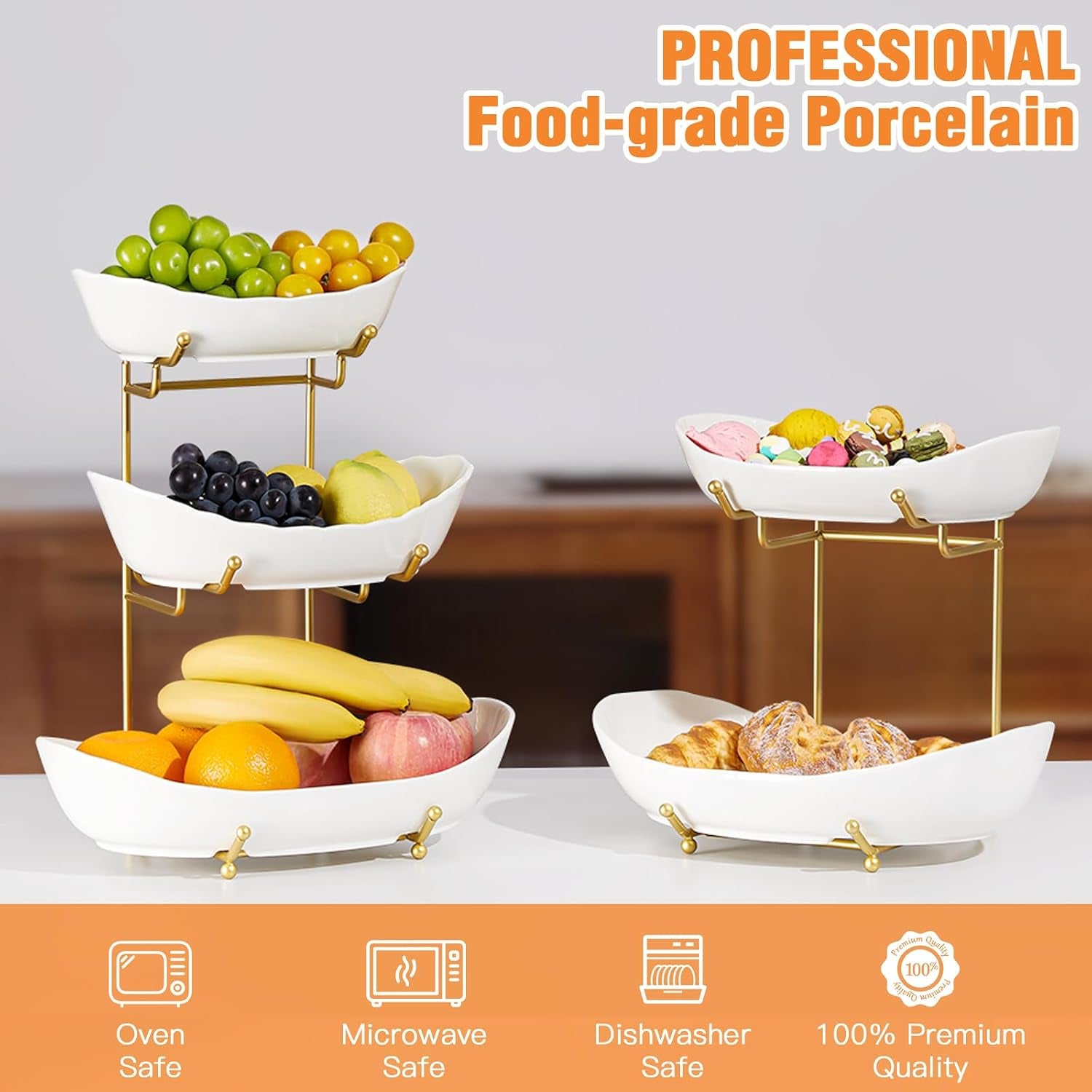2 Tier Fruit Bowl, Ceramic Fruit Basket for Kitchen Counter with Metal Stand, Modern, Gold White, Large
