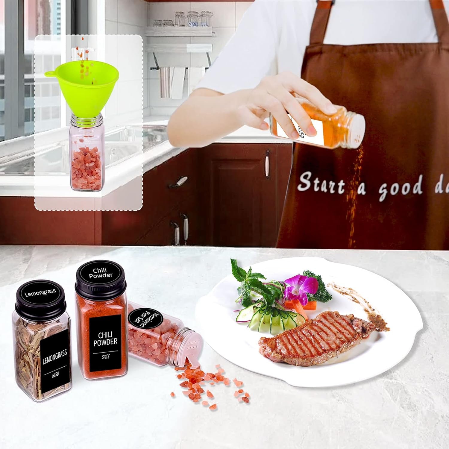 36 Pack Square Glass Spice Jars with Labels, 4Oz with Black Caps, Shaker Lids, 547 Labels, Funnel & Chalk Pen