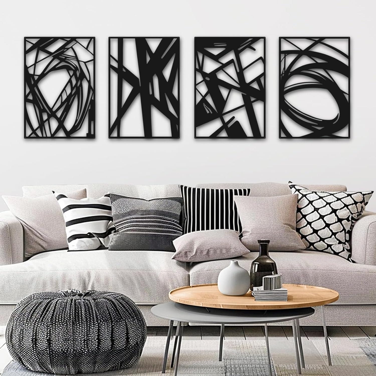 Black Abstract Wall Art, Metal Art Wall Decor, Modern Large Wall Art, 3D Abstract Wall Sculptures (4 Pack, 16 X 11 In)