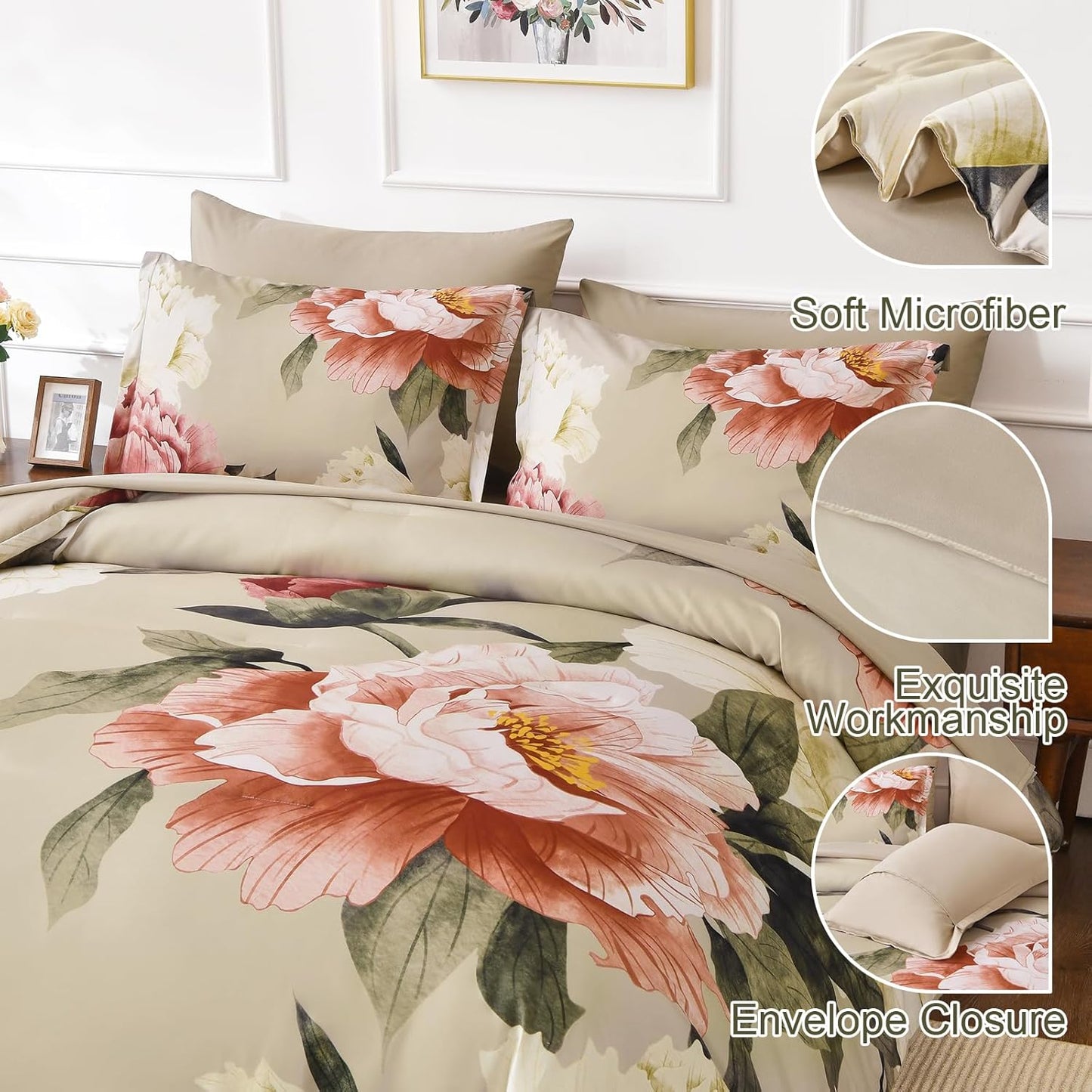 King Size Comforter Set 7 Piece Bed in a Bag, Pink Floral Printed on Khaki Comforter Set with Sheets, Set for All Season