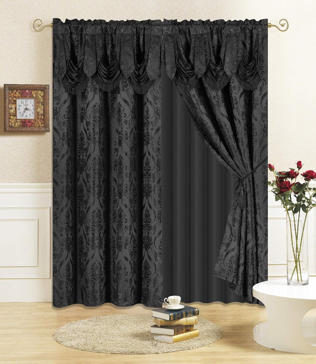 New 4 Piece Drape Set with Attached Valance and Sheer with 2 Tie Backs Included (63" Length, Black)