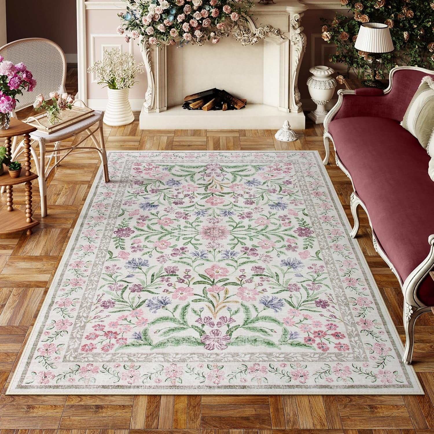 Boho Purple Floral Area Rugs, for Living Room, Nursery, and Bedroom,5X7, Pale Lilac/Pink