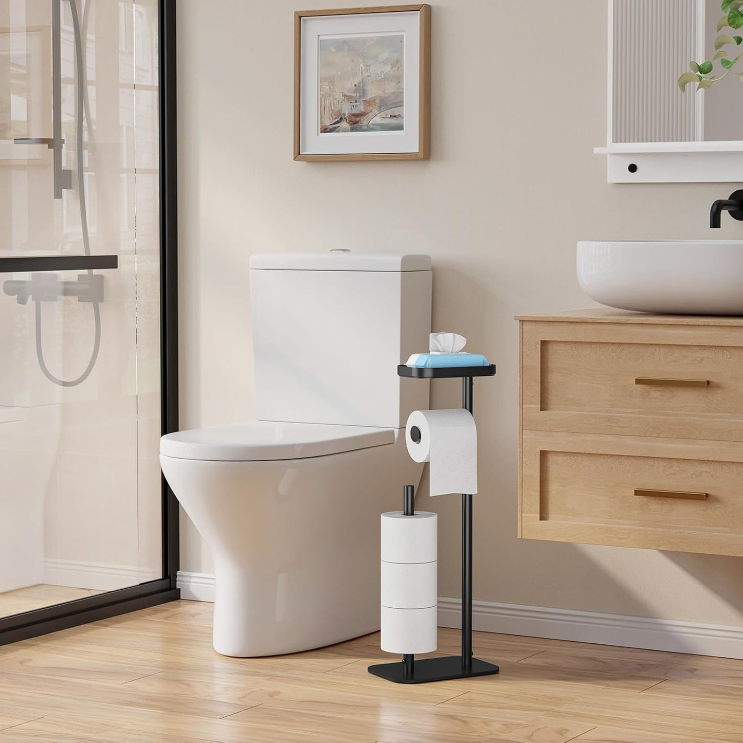 Toilet Paper Holder Free Standing – Rustproof Metal Toilet Paper Stand for 4 Rolls with Anti-Slip Base and Shelf Medium, Black