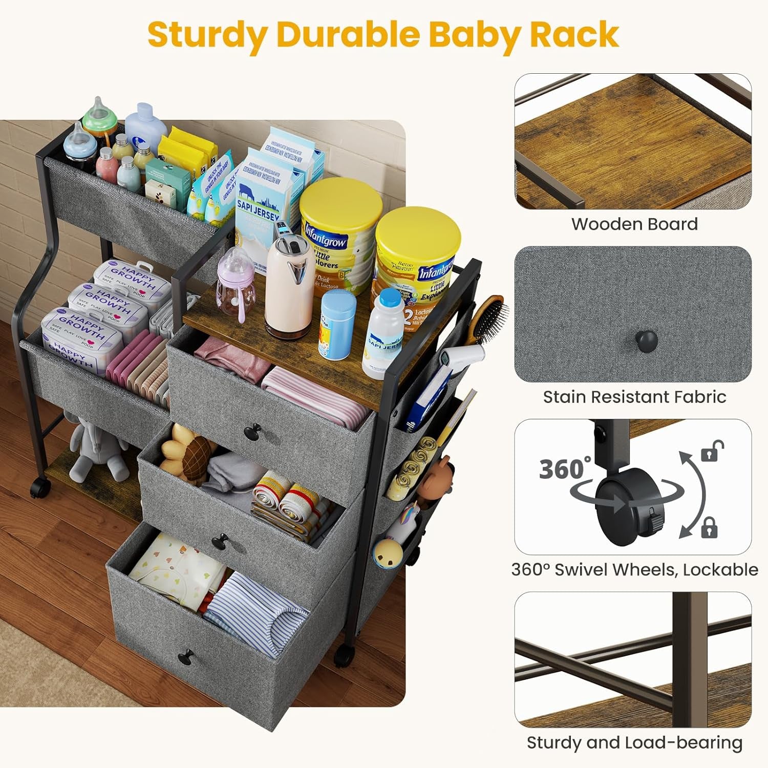 Baby Diaper Caddy, 3 Tier Baby Organizer and Storage Cart with Dividers and Drawers, Mobile Utility Rolling Cart, Grey