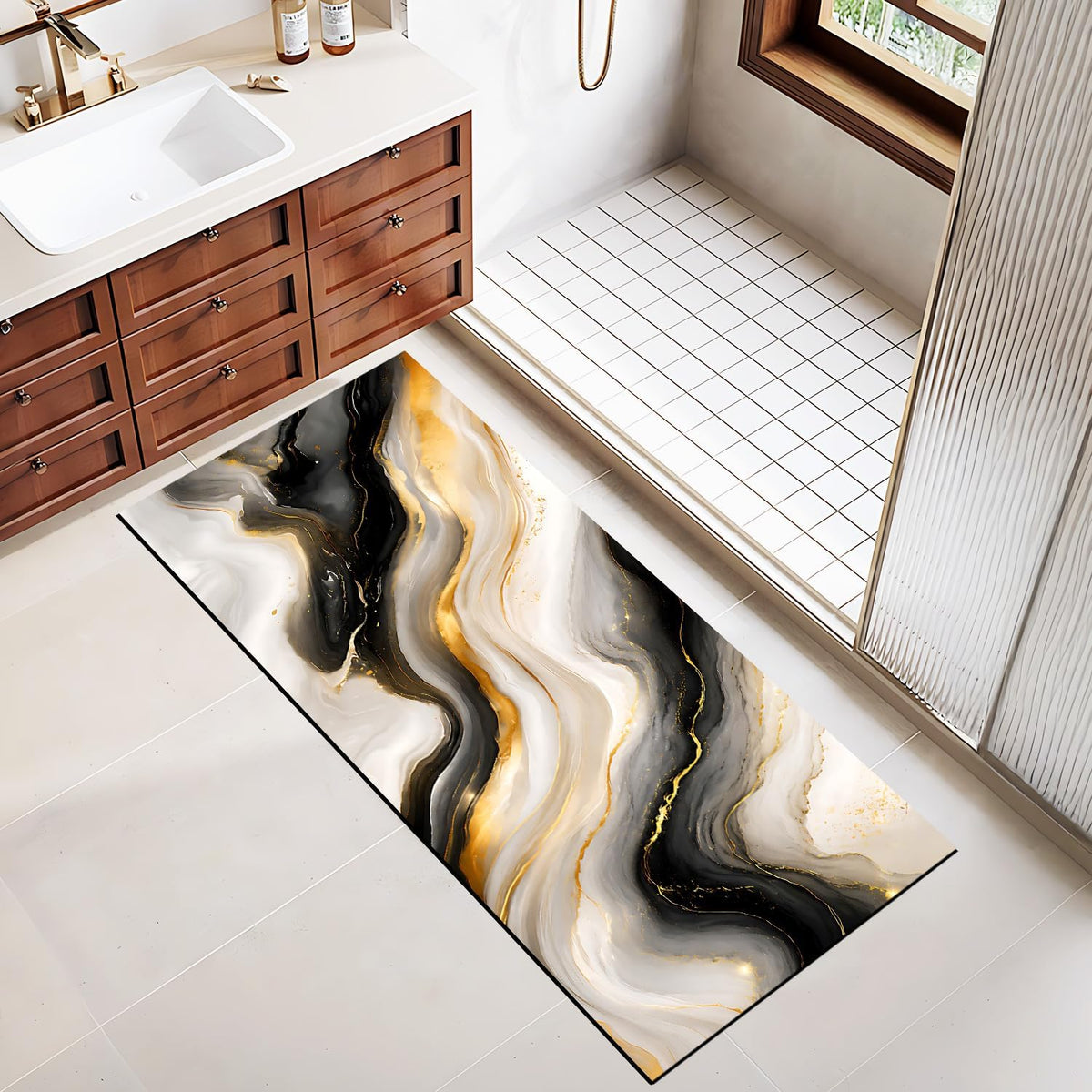 Black Gold Marble Kitchen Mat, Cushioned anti Fatigue Non Slip Rug