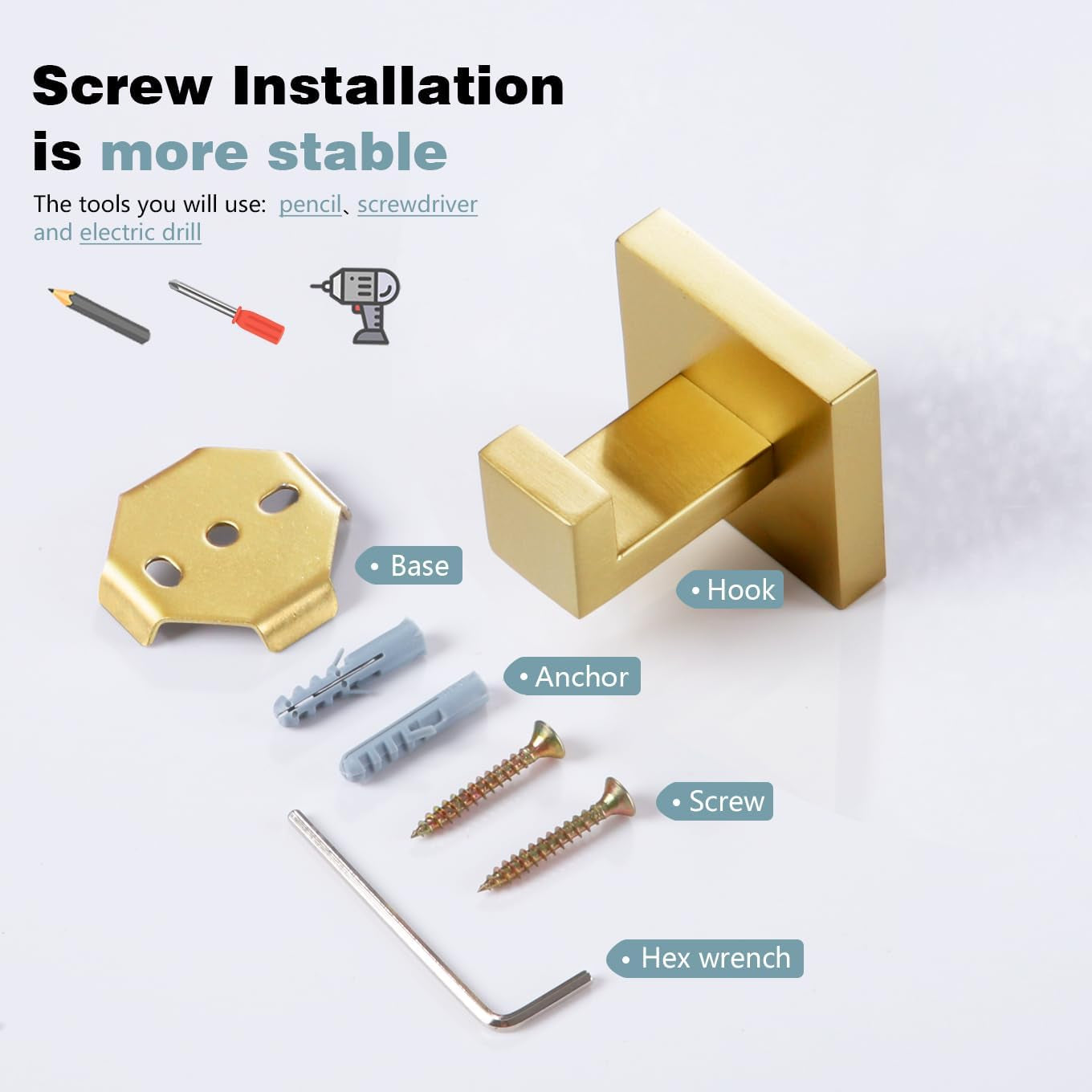 Bath Towel Hook Wall Mount Square, Heavy Duty Wall Mounted, Stainless Steel, Brushed Gold, 