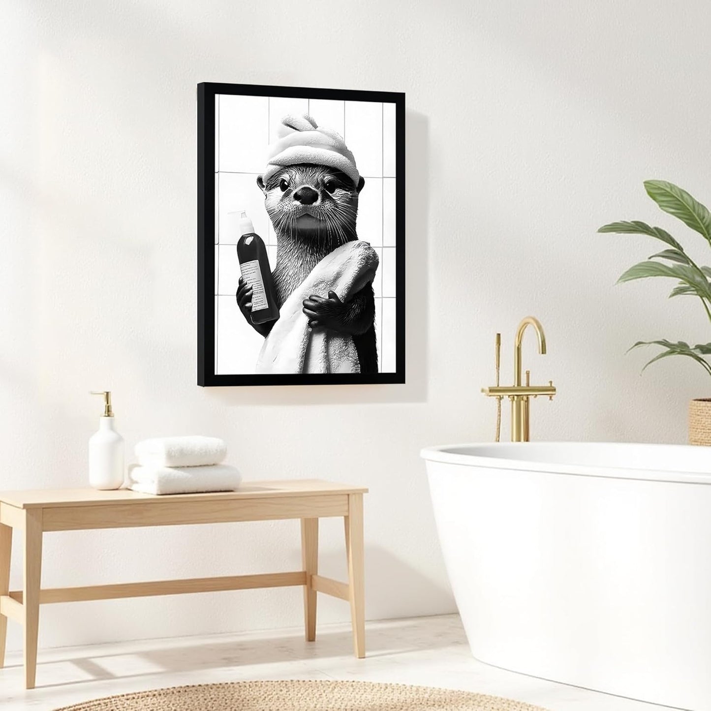 Framed Black and White Bathroom Canvas Wall Art, Funny Otter Wall Decor, Farmhouse Humor Animal Art Prints Ready to Hang 12X16 Inches