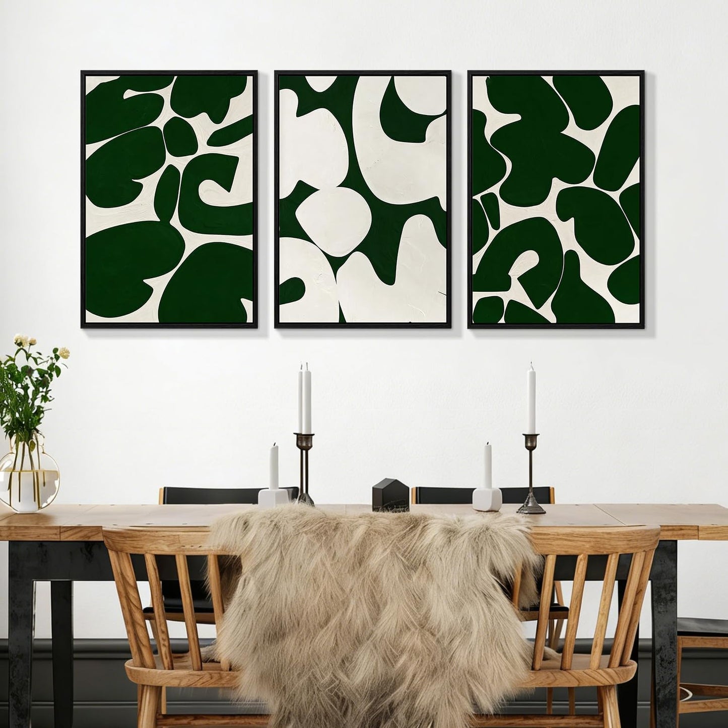 3Pcs Framed Canvas Wall Art, Neutral Abstract Wall Art for Living Room, Green and White Pictures 12X16