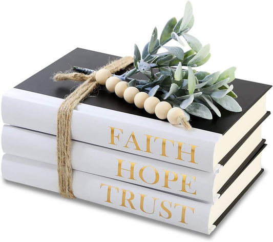 Decorative Hardcover Quote Books,Black and White Decoration Books, Farmhouse Stacked Books,Hope | Faith | Trust (Set of 3) Stacked Books for Decorating Coffee Tables and Bookshelf