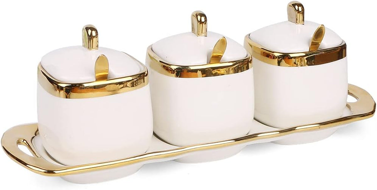 Sugar Bowl with Lid and Spoon, Ceramic Spice Containers for Countertop, Salt and Coffee Sugar Container Set, White Seasoning Bowls, Gold Condiment Container Set of 3 for Kitchen Coffee Bar