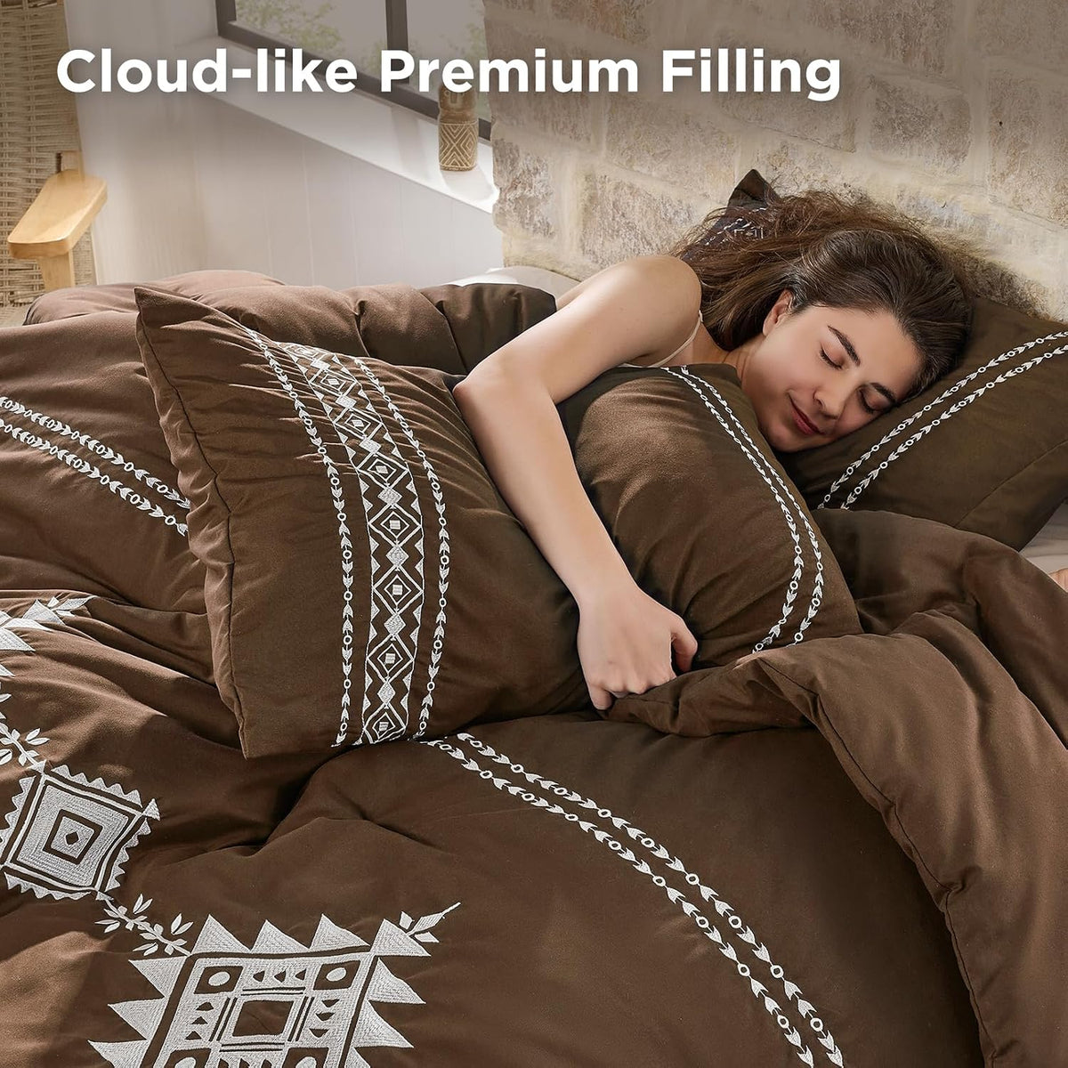 Embroidered Comforter Set Queen, 3-Piece Boho Bedding, Brown