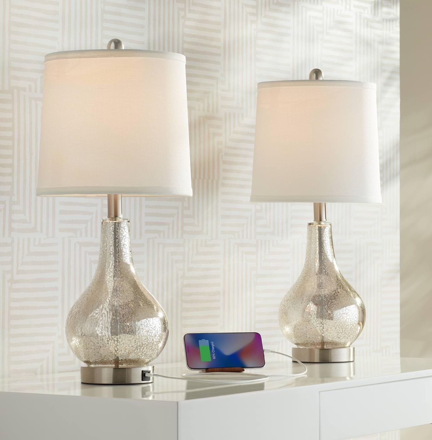 Ledger Modern Accent Table Lamps 21.75" High Set of 2, Mercury Glass off White Drum Shade Decor