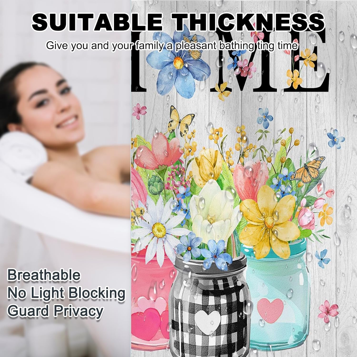 Spring Floral Shower Curtain for Bathroom, Pink Yellow Blue Butterfly and Flowers 72 X 72 Inch Waterproof Fabric Bath Curtain with Hooks (White, 72''X 72'')