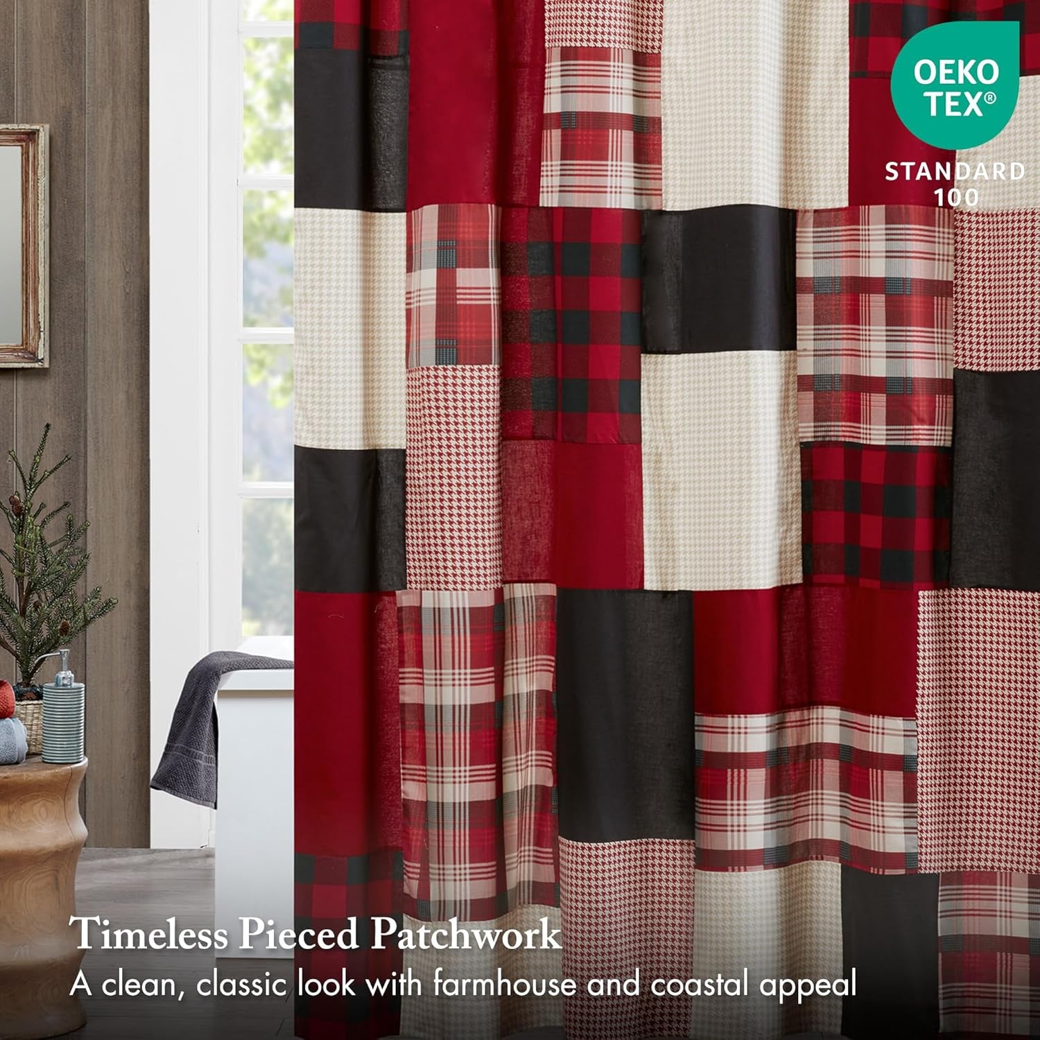 Sunset Cotton Shower Curtain, Plaid Lodge/Cabin Shower Curtains for Bathroom, 72 X 72, Red