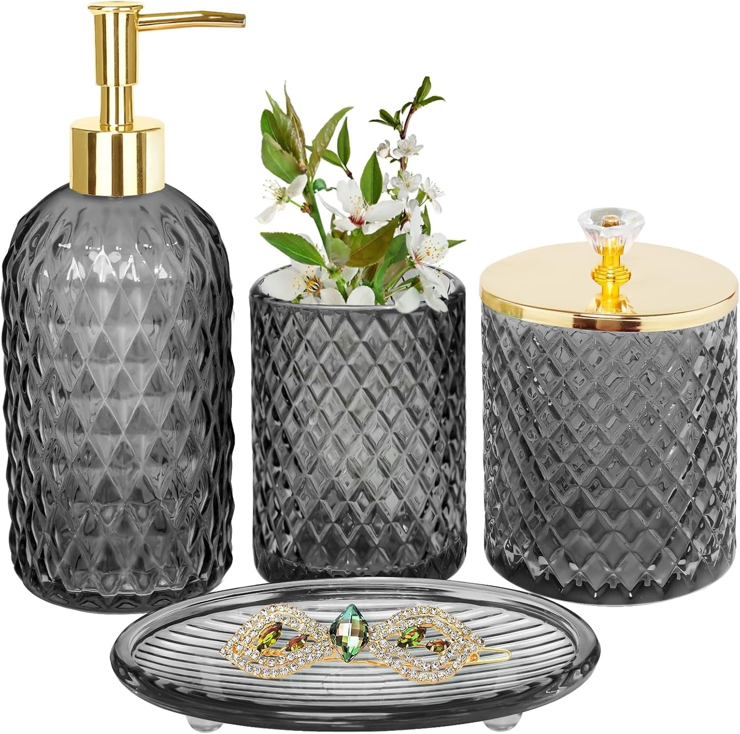 Gray Glass Bathroom Accessories Set, 4-Piece, Elegant Gold 