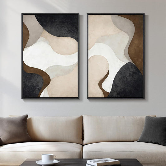 Framed Neutral Abstract Minimalist Wall Art Set of 2, Modern Canvas Prints Paintings Artwork for Walls, Black Beige Brown Abstract Art Pictures, 16X24 In