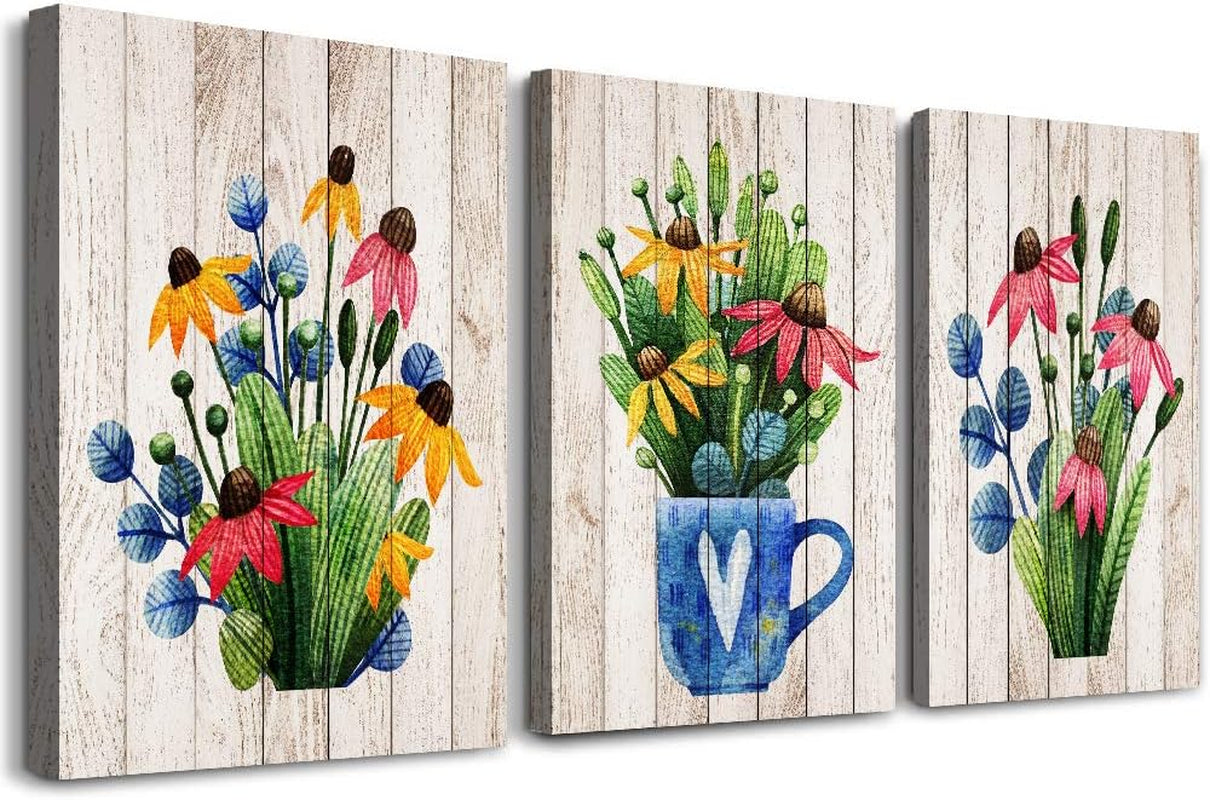 Vintage Wood Grain Plant Flowers Wall Art for Kitchen, 3 Pieces Framed Canvas