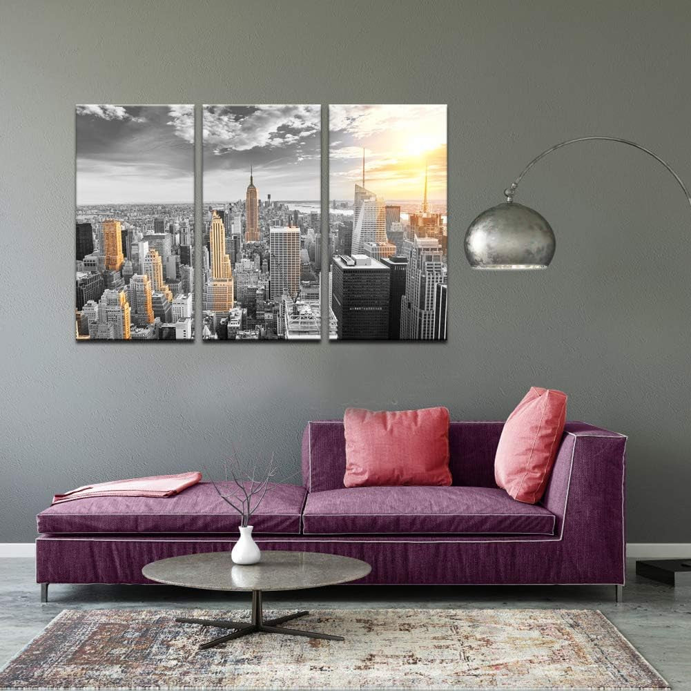 Large 3 Piece New York City Canvas Wall Art Modern Black and White NYC at Gold Sunset Picture Prints Cityscape Skyline Poster Framed for Home Office Living Room Decor