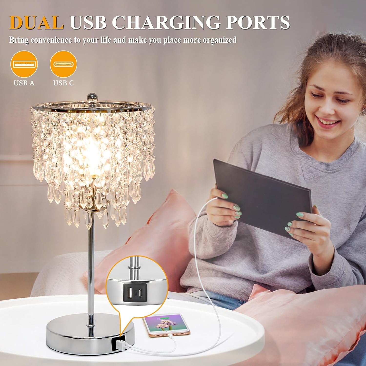 Elegant Crystal Side Table Lamp with USB C+A Charging Ports, B11 LED Bulb Included