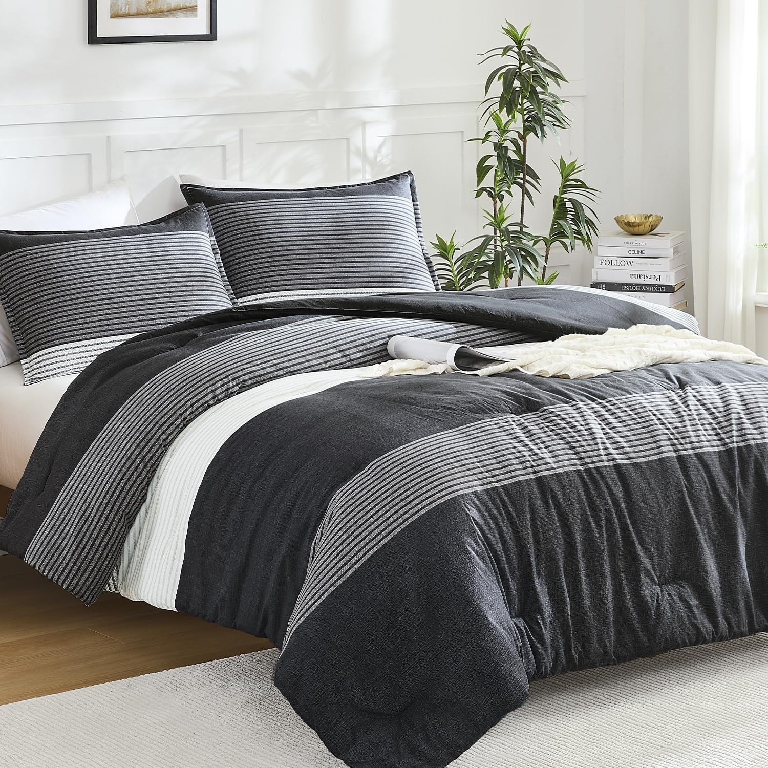 Queen Comforter Set Black - 3 Pieces Stripe Bedding Comforter Sets