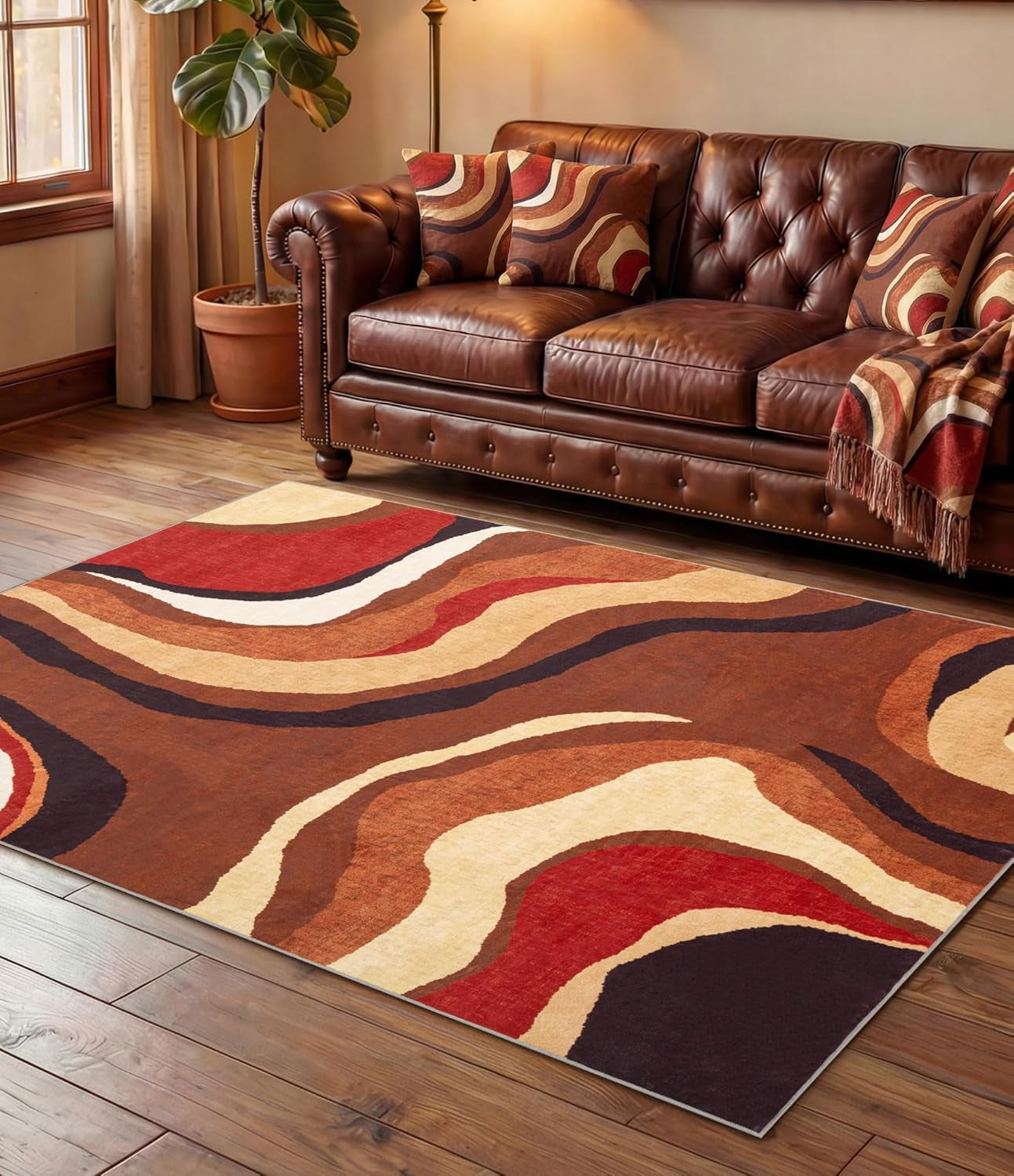 Farmhouse Brown Retro Burnt Orange Area Rug 3X5 Washable, Unique Colorful Rug 