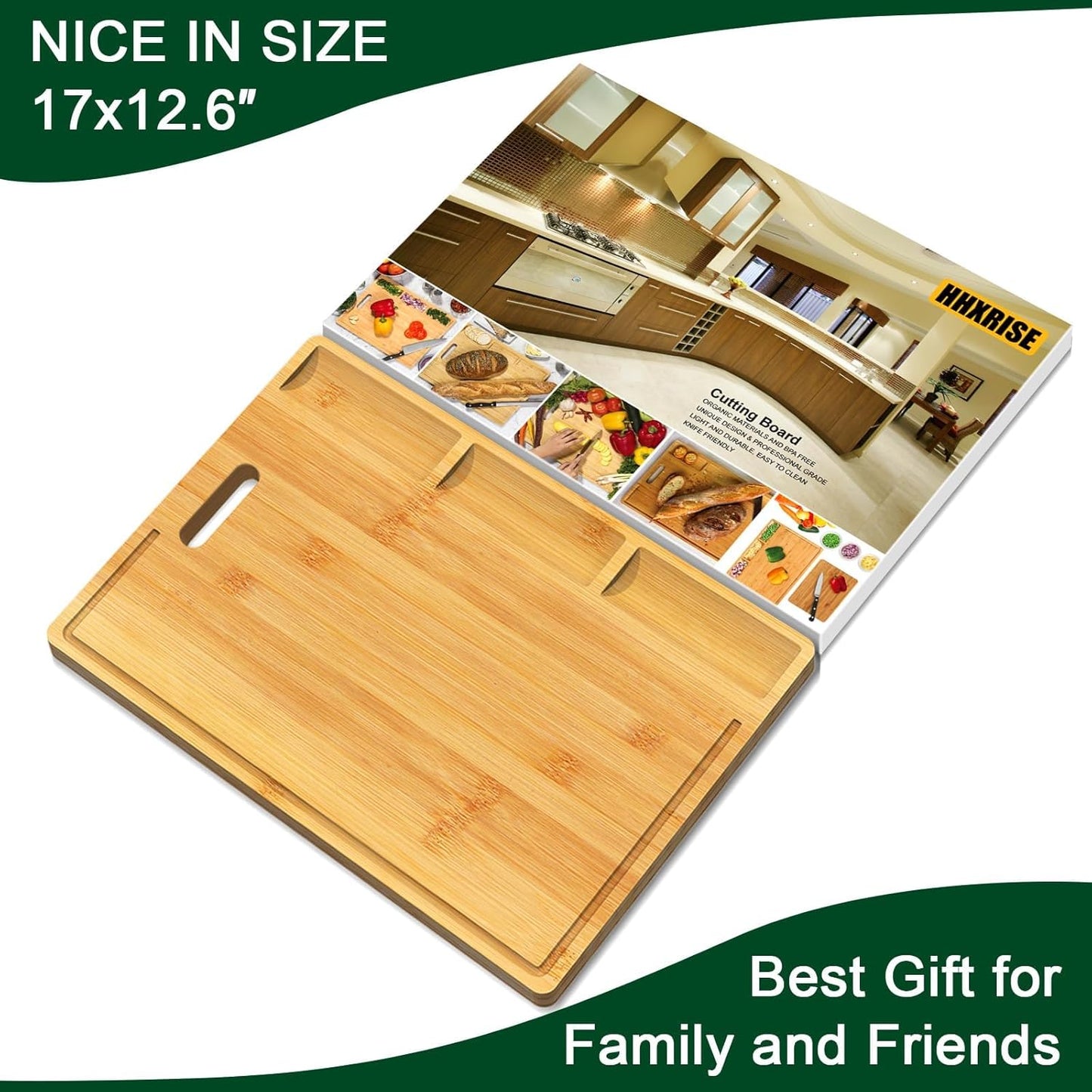 Cutting Boards, Large Bamboo Chopping Board, Built-In 3 Compartments and Juice Grooves(17 X 12.6")