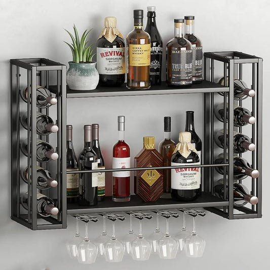 Wall Mounted Wine Rack, with Wine Glass Rack, 2-Tier Multi-Functional Shelf, Black