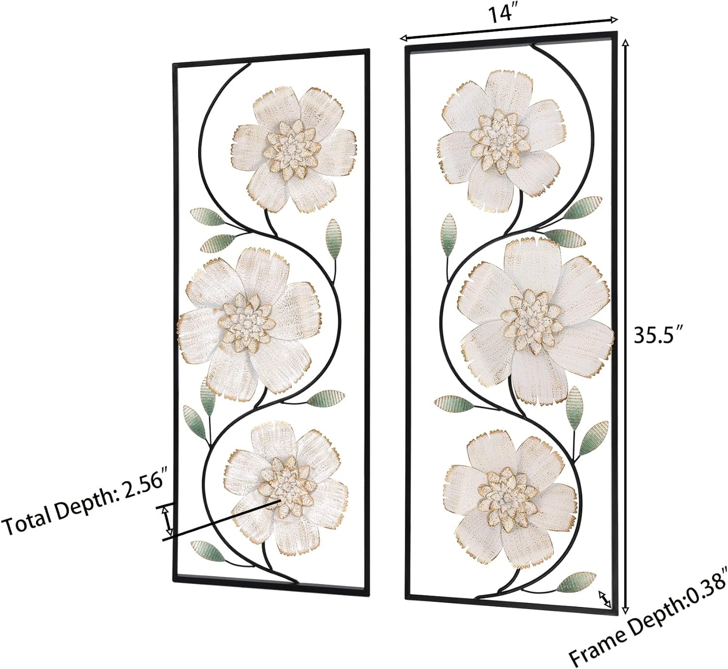 Set of 2 Metal Wall Art, 36" off White and Gold Wall Decor, Magnolia Flowers