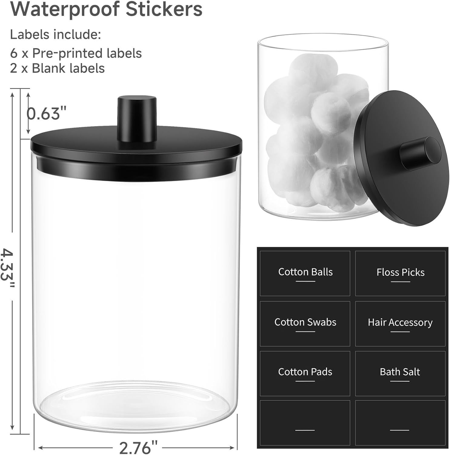 Glass Holder Dispenser - 10 Oz Clear Canister Apothecary Jar, (2 Pack, Black)