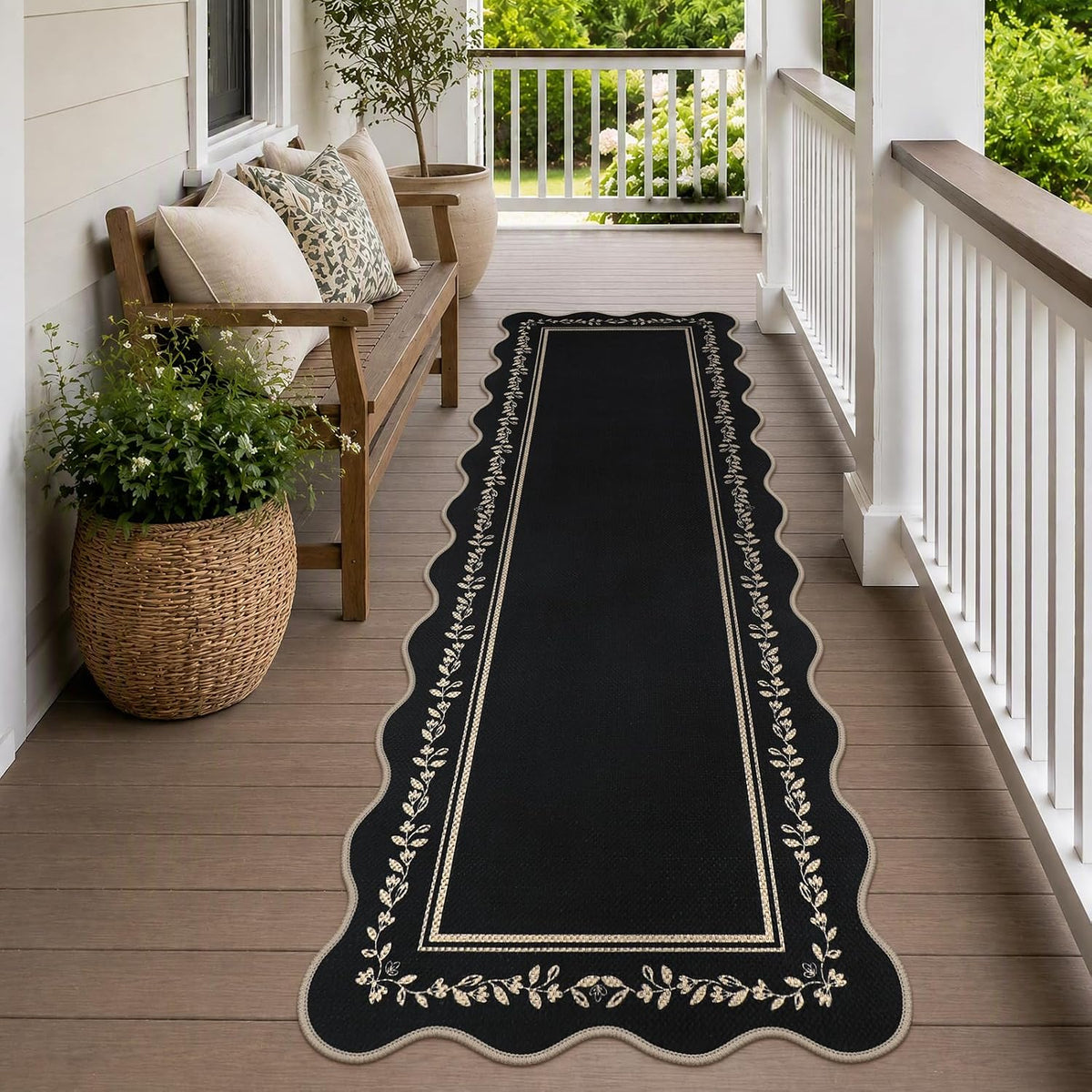 Scalloped Easy Jute Kitchen Runner Rug 2X6 Black Hallway Rugs