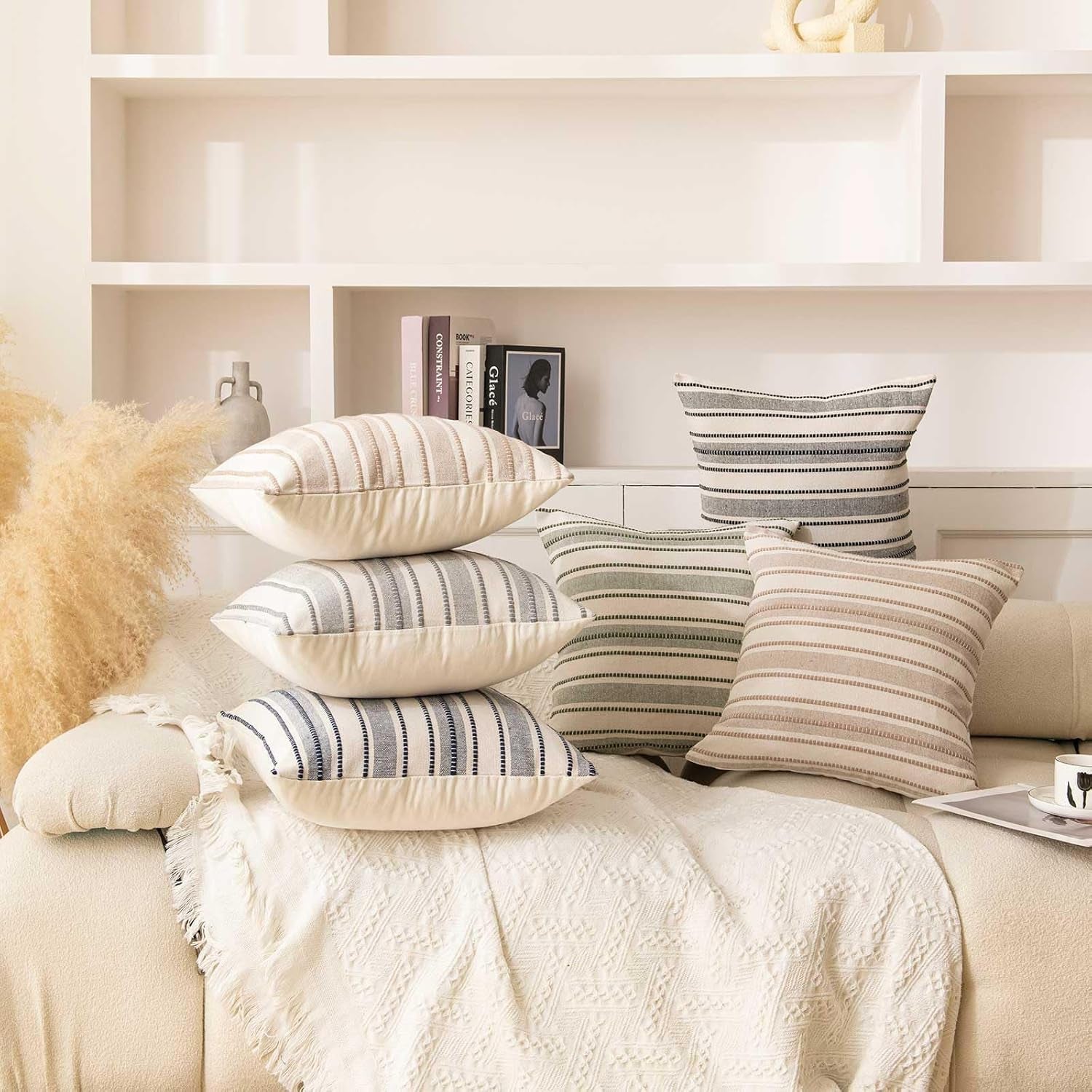 Pack of 2 Farmhouse Throw Pillow Covers, Textured Boho Cushion Covers, 18X18 Inch, Black