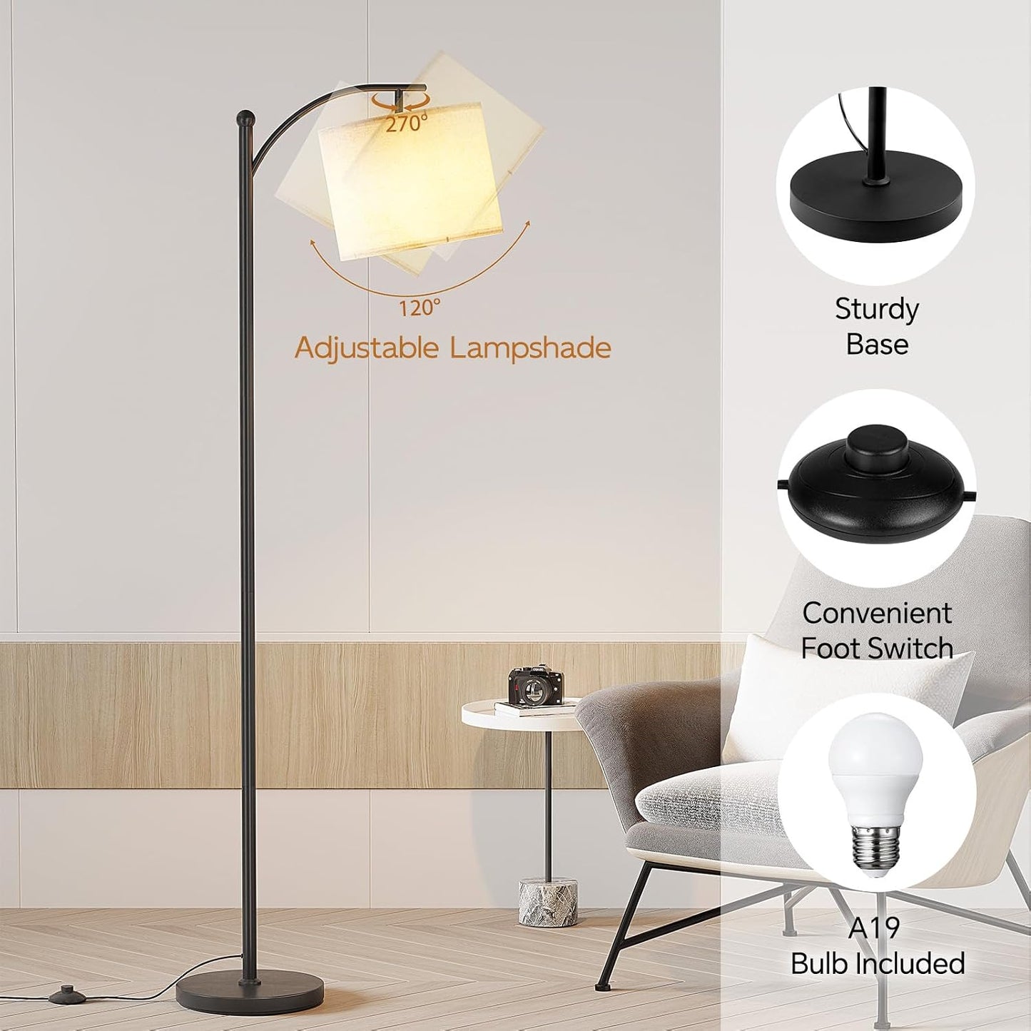 Arc Floor Lamp, Modern Floor Lamp with 3 Color Temperatures Bulb, Metal Standing with Adjustable Hanging, Black