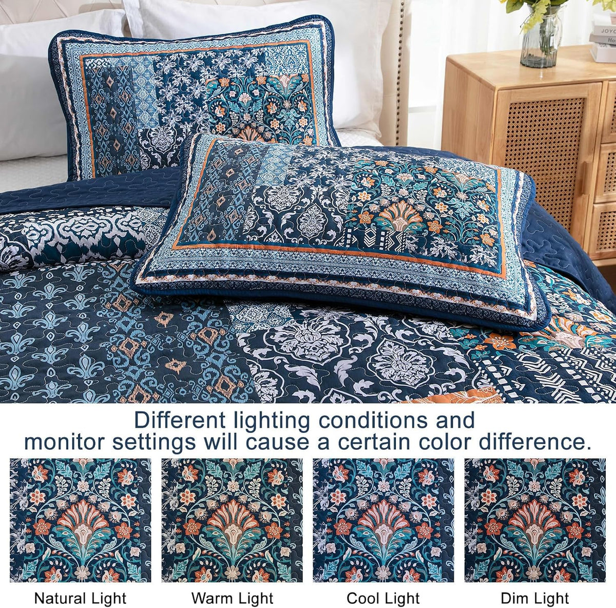 Boho Quilt Set Twin, 3 Pcs Navy Blue Patchwork Bedspread Set