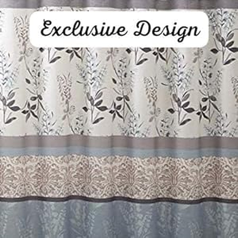 Farmhouse Floral Bordered Damask Shower Curtain - Light Blue, Beige, and Grey (72 X 70 Inches)